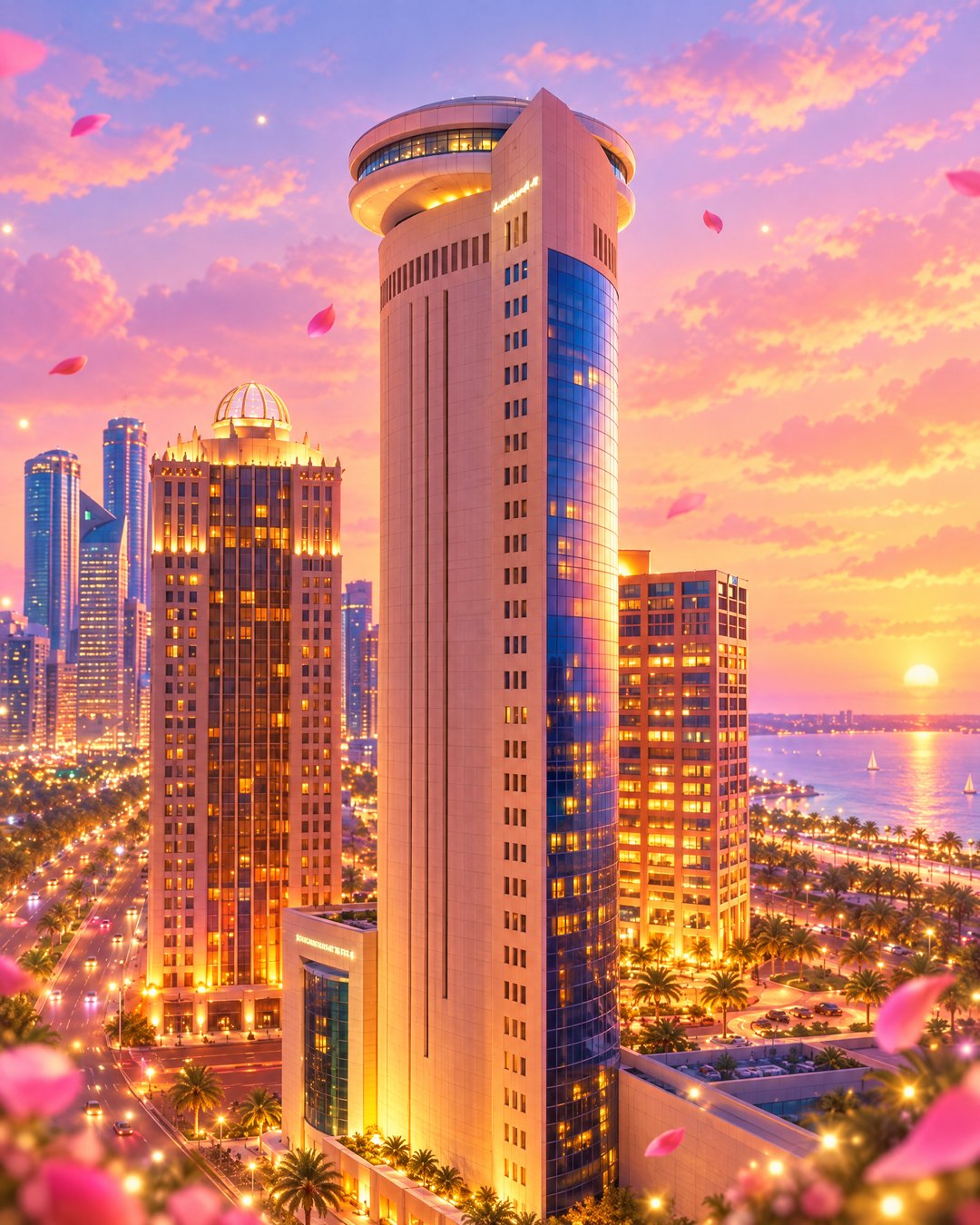 Le Royal Méridien Abu Dhabi at sunset, illustrated